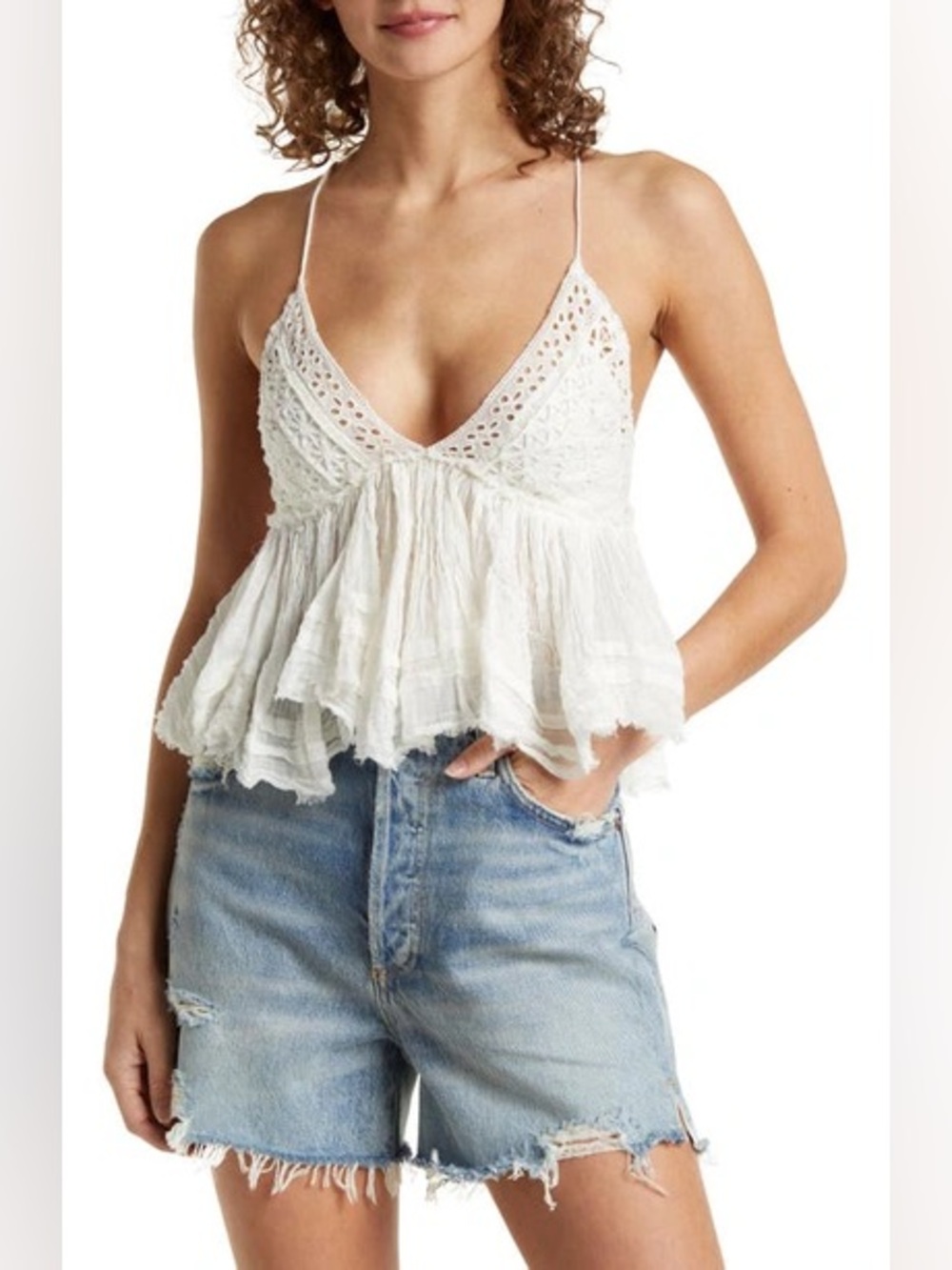 Free People Carrie Ruffled Eyelet Camisole Top white renfaire fairycore tiered